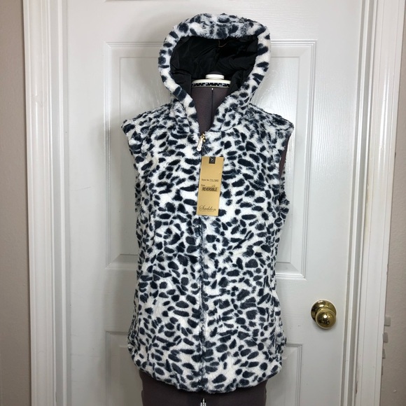 Saeldon Women Reversible Black White Animal Print Pockets Zippered Vest  L - Picture 7 of 15
